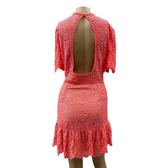 Saylor Darian Open Back Ruffle Mini Cocktail Dress Lace Crochet Coral Women XL - Picture 4 of 15